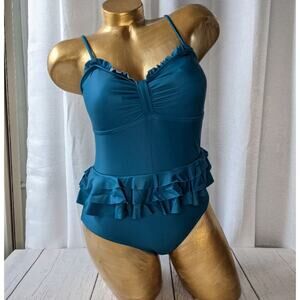 Teal Blue Ruffle Peplum One Piece Bathingsuit sz S